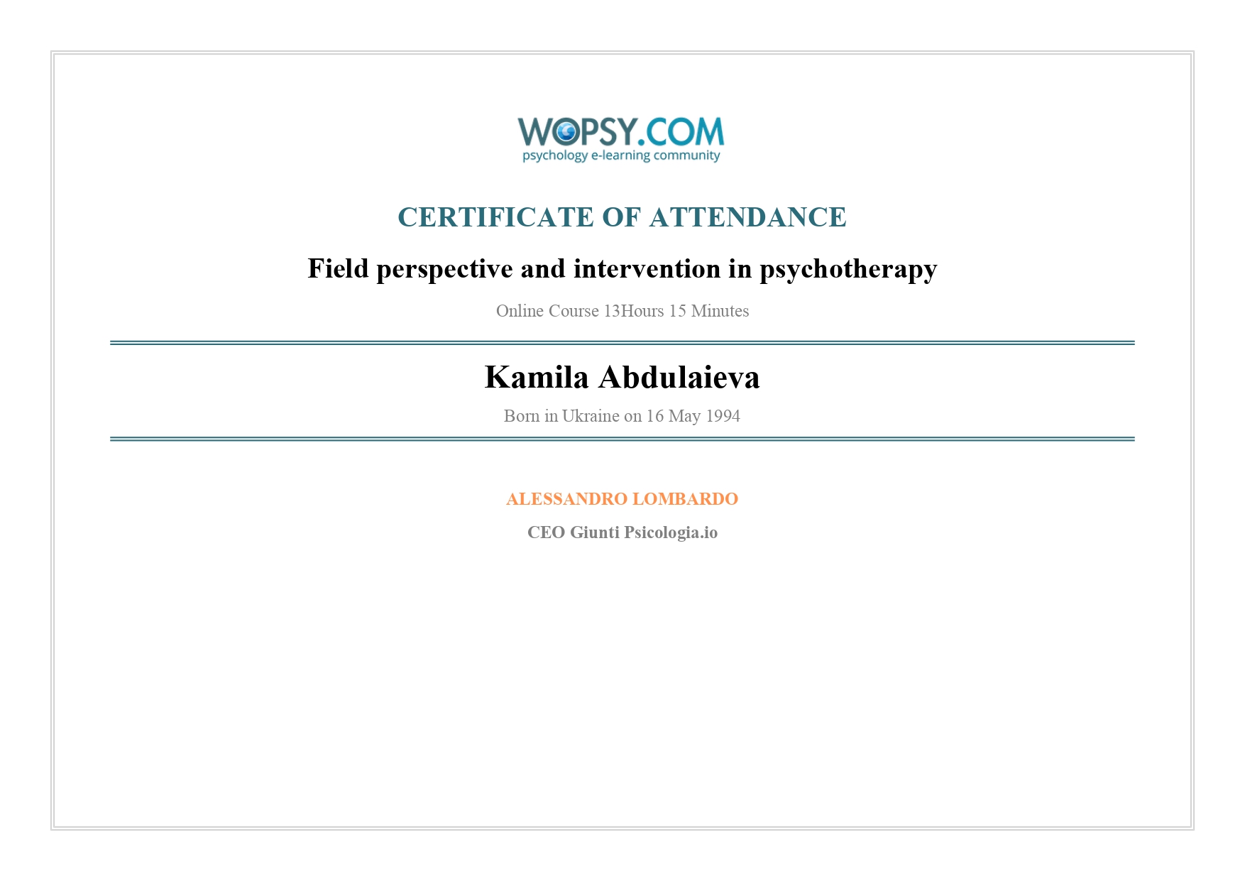 Сертифікат Field Perspective and Intervention in Psychotherapy